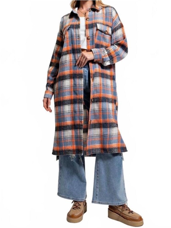 EASEL Jackets & Blazers - Easel - Blue/Black/Orange Long Flannel/Plaid Shacket